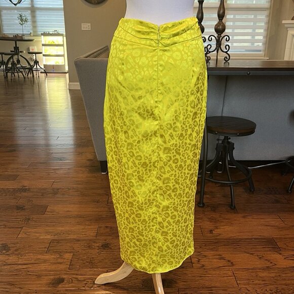 New York & Co NYCO Leopard Satin Midi Skirt Size 4 Neon Green Yellow Small 29W - Picture 4 of 16